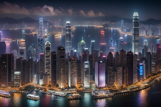 El horizonte del puerto de Victoria por la noche en Hong Kong