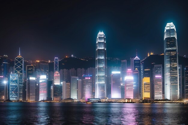 El horizonte del puerto de Victoria por la noche en Hong Kong