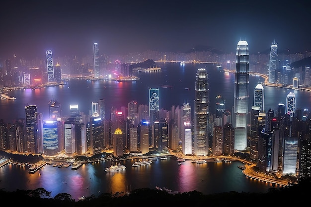 El horizonte del puerto de Victoria por la noche en Hong Kong