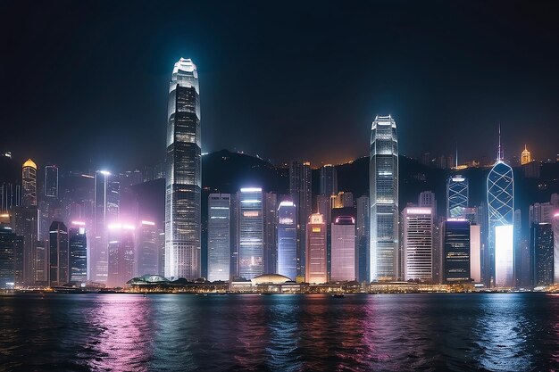 El horizonte del puerto de Victoria por la noche en Hong Kong