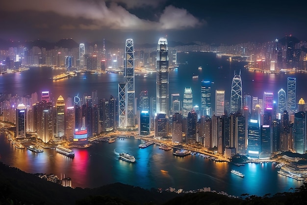 El horizonte del puerto de Victoria por la noche en Hong Kong