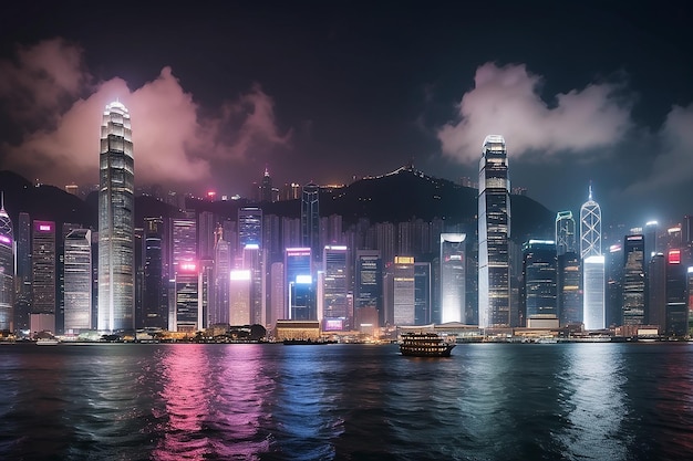 El horizonte del puerto de Victoria por la noche en Hong Kong