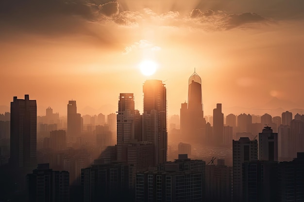 Horizonte con rascacielos y rascacielos, incluida la vista de la puesta de sol o el amanecer creado con ai generativa