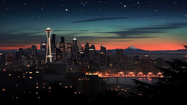 El horizonte de Seattle por la noche con la aguja espacial en el fondo