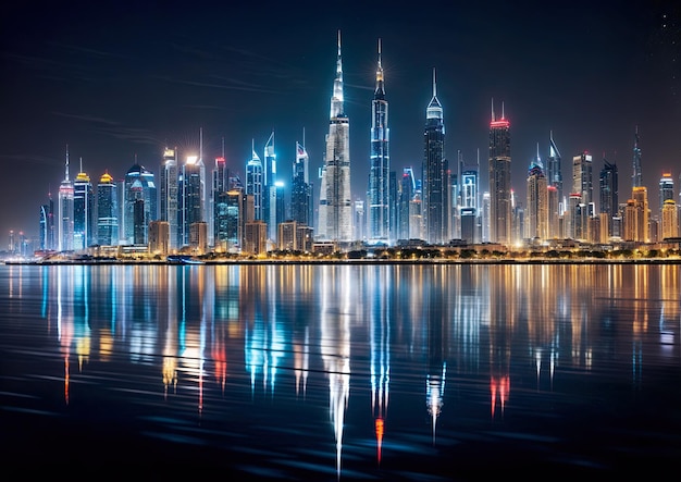 El horizonte de Shanghai por la noche con el reflejo en el río Huangpu