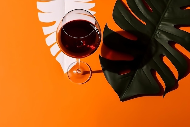 Horizonte superior del sabueso parpadeo tropical Botella blanca y copa de vino sobre fondo naranja Recurso creativo Generado por IA