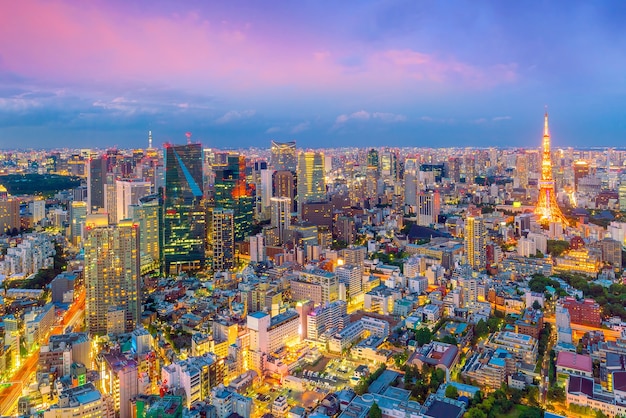 Horizonte de Tokio con la Torre de Tokio en el crepúsculo en Japón