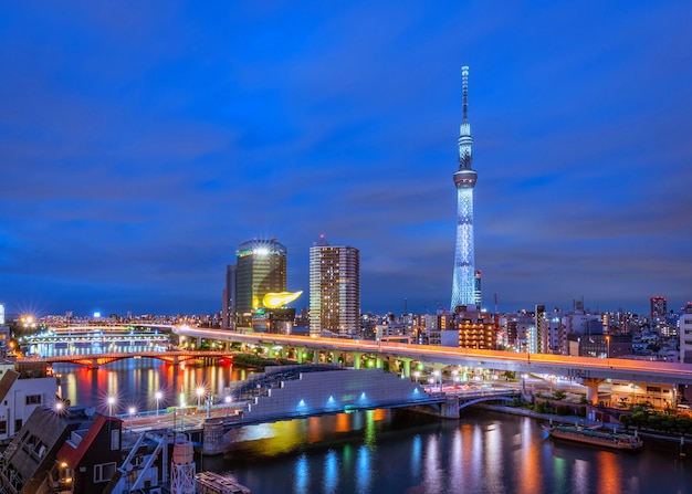 Horizonte de Tokio y vista de rascacielos en el hotel de techo en la noche en Japón