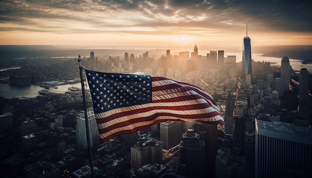 Foto horizonte urbano celebra liberdade com bandeira americana gerada por ia