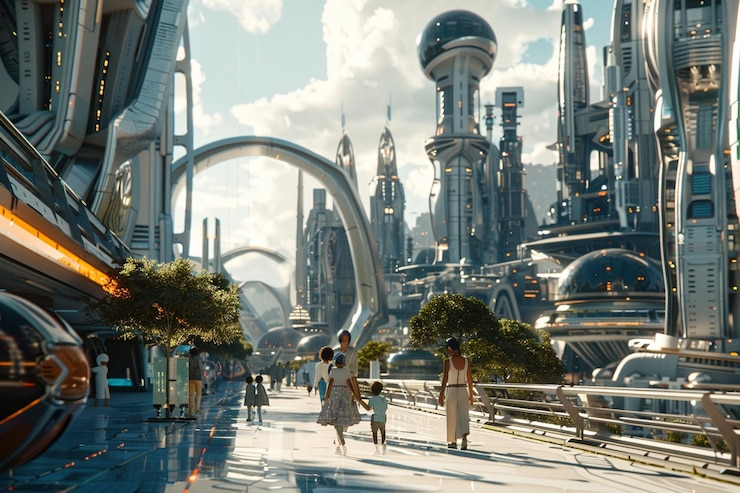 Foto horizonte urbano con familias interraciales futuristas