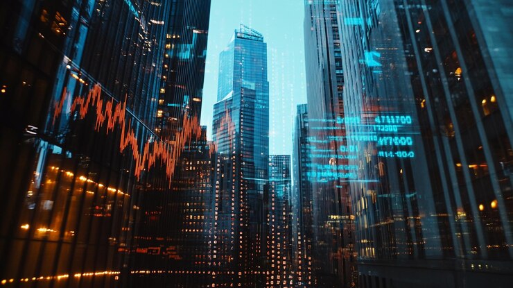 El horizonte urbano iluminado por datos digitales del mercado de valores al crepúsculo muestra la vida dinámica de la ciudad