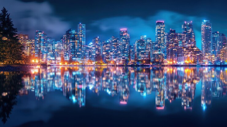 El horizonte de Vancouver por la noche se refleja en un lago tranquilo con las luces de la ciudad brillando brillantemente