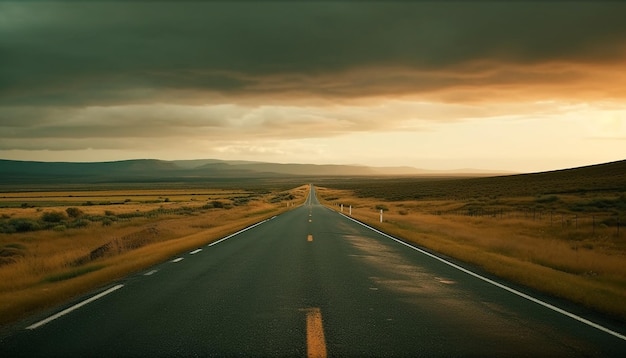 Horizonte de viaje por carretera al atardecer sobre IA generativa de aventura terrestre