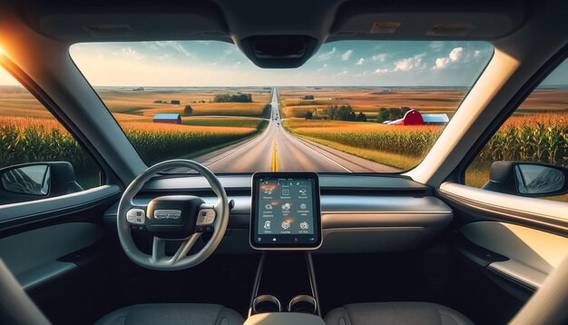 Foto horizontes brilhantes dentro de uma vista de um carro elétrico em uma unidade de meio-oeste ensolarado