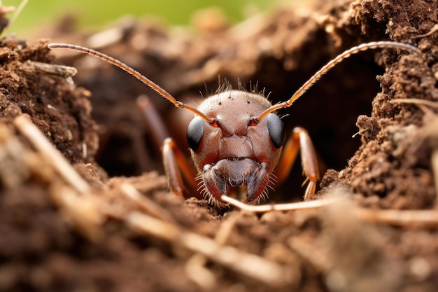 Una hormiga se arrastra por el suelo durante el día Fotografía macro