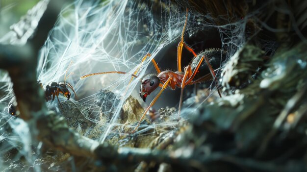 Una hormiga atrapada en una red de araña 39 luchando por escapar mientras el arácnido depredador acecha cerca ilustrando las duras realidades de la naturaleza