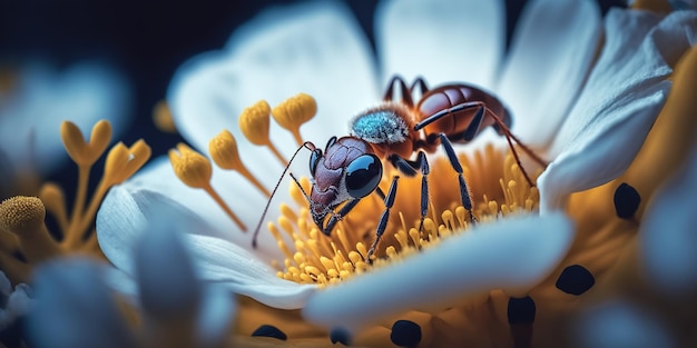 Una hormiga blanca y negra se sienta en una flor con una flor blanca en el fondo.