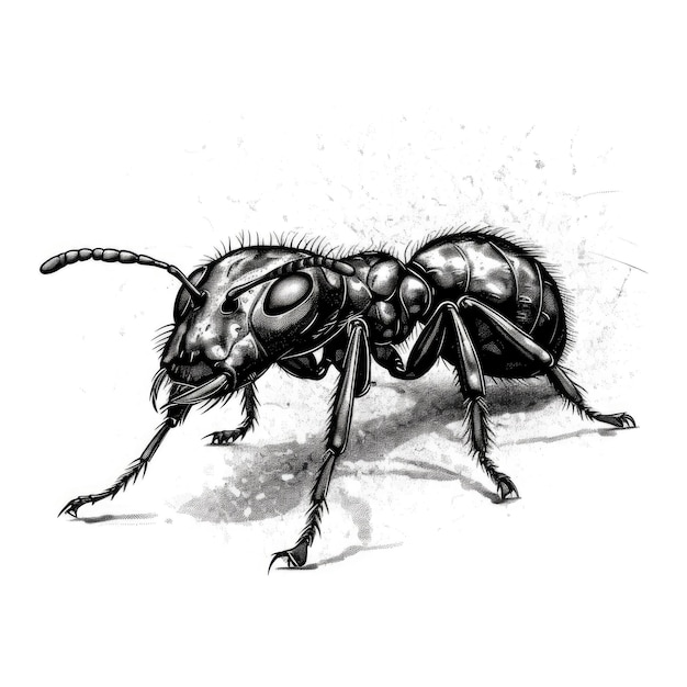 Hormiga en blanco y negro en superficie 2D para álbumes de recortes y carteles IA generativa