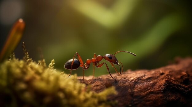 Una hormiga fuerte en el bosque en el día salvaje de verano hecha usando IA generativa