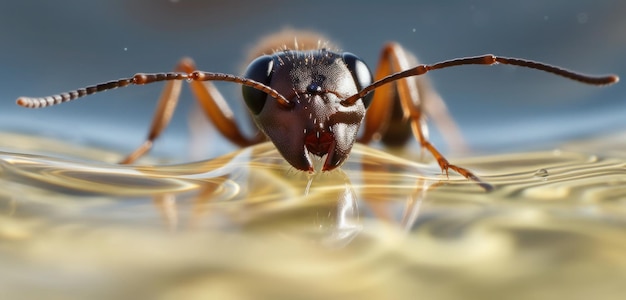 Una hormiga gigante está bebiendo agua de un charco de agua.