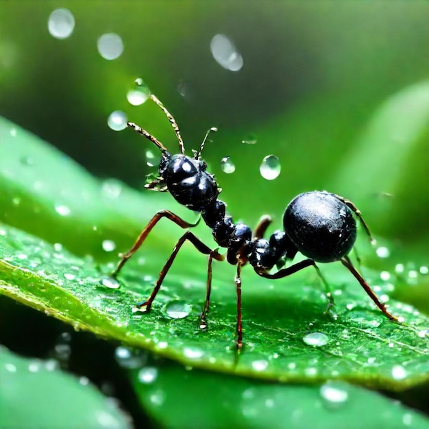 una hormiga con una hormiga negra en la cabeza está en una hoja verde
