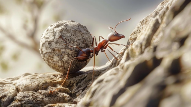 Una hormiga luchando para llevar una carga pesada por una pendiente empinada que simboliza la perseverancia y la resiliencia frente a los desafíos