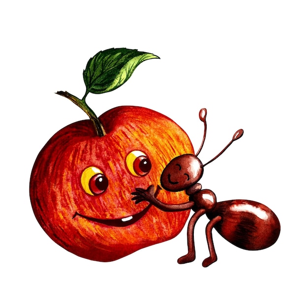 Hormiga y manzana. Ilustración de acuarela.