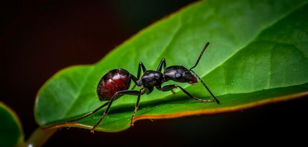 Una hormiga negra está en una hoja verde.