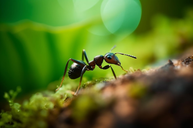 Una hormiga negra en un tocón de árbol