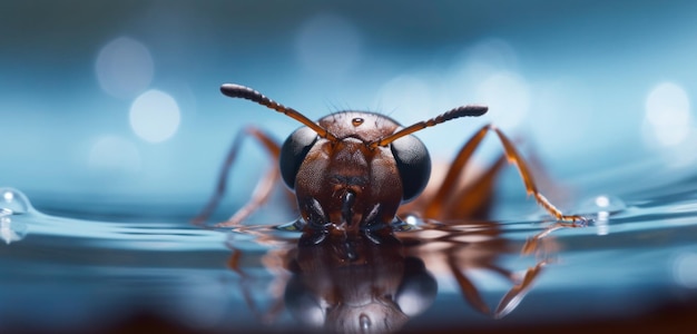 Una hormiga roja con la cara negra se refleja en la superficie del agua.