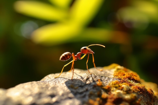 Una hormiga roja está sentada en una roca con la palabra hormigas en ella.