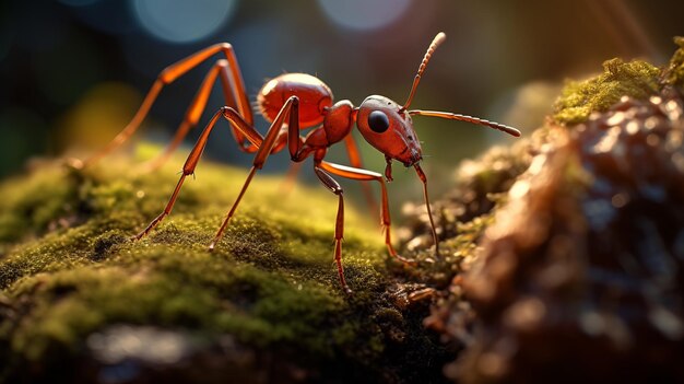 Hormiga roja fotorrealista en la rama cubierta de musgo en la iluminación de la caja blanda