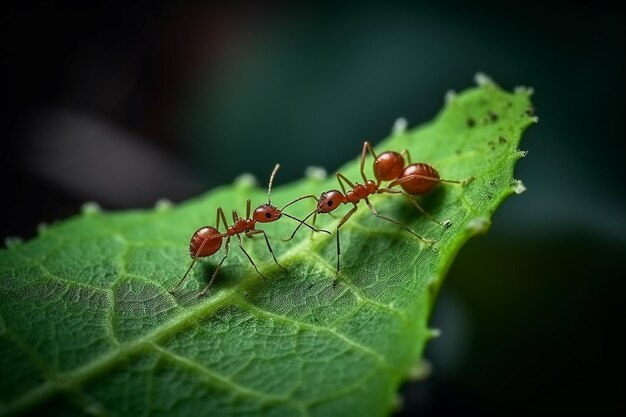 Hormiga roja en hoja verde Macro Profundidad de campo poco profunda