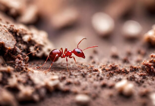 una hormiga roja con una hormiguita roja en la cara