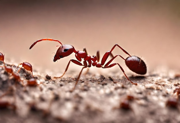 una hormiga roja con una hormiguita roja en el lado de ella