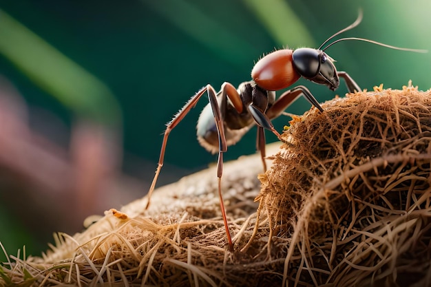 Una hormiga roja en un nido con un fondo verde
