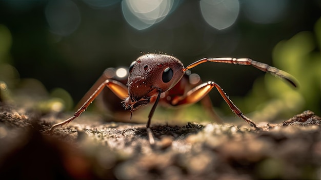 Una hormiga roja con ojos negros se sienta en un trozo de madera.