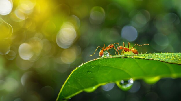 Las hormigas bebiendo de una gota de agua en una hoja