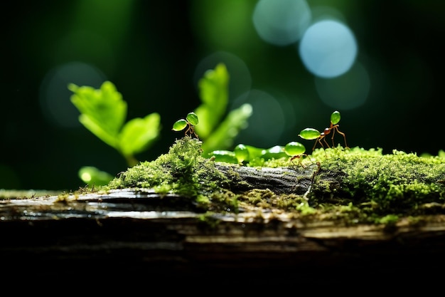 Las hormigas llevan hojas en un entorno forestal