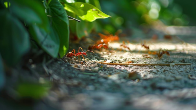 Las hormigas marchan en línea a lo largo de un sendero frondoso llevando comida de vuelta a su colonia