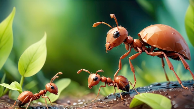 Hormigas microscópicas en medio de una planta gigante