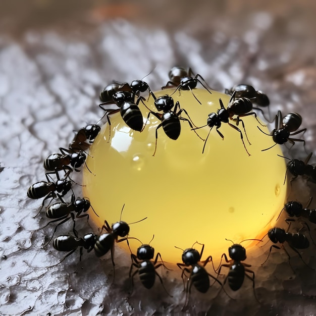 Hormigas negras comiendo gota de miel Concepto de trabajo en equipo o trabajador o unidad