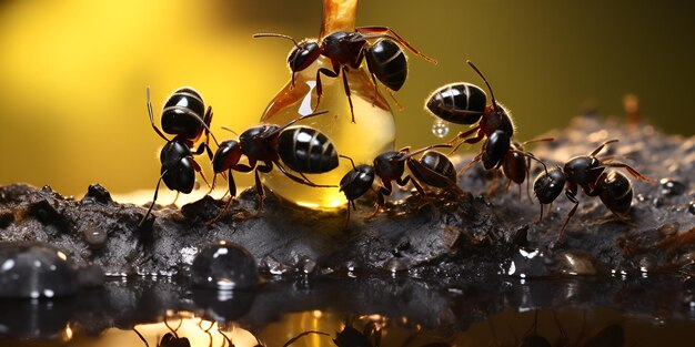 Foto las hormigas negras comiendo gota de miel concepto de trabajo en equipo o trabajo duro o unidad