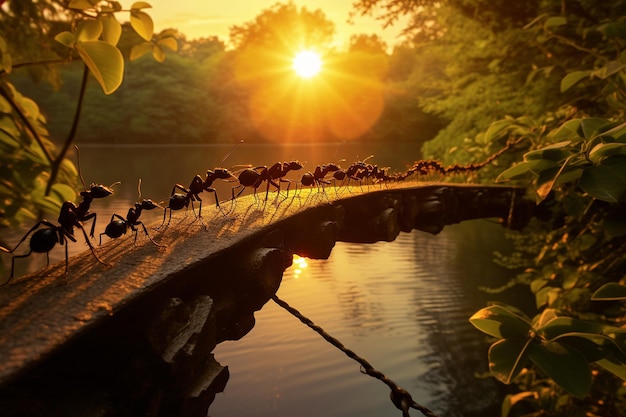 Las hormigas en un puente de madera