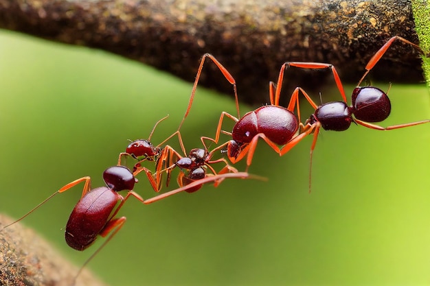 Hormigas rojas brillantes se aferraban unas a otras con piernas delgadas