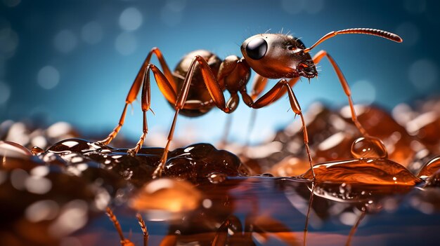 Foto las hormigas rojas buscan comida en las ramas verdes generadas por la red neuronal.