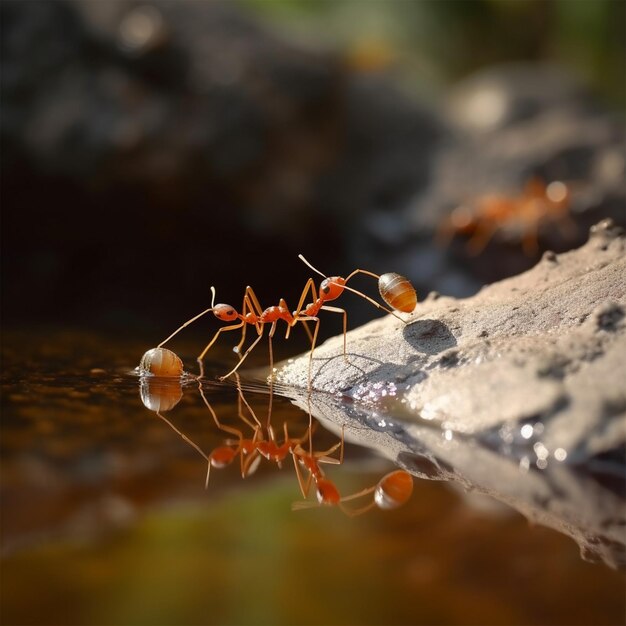 Las hormigas rojas cruzan el agua