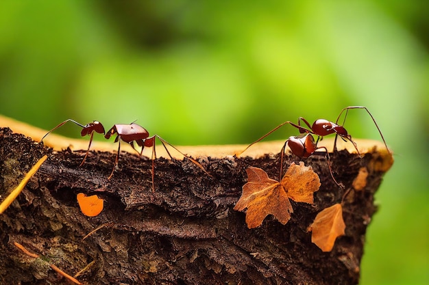 Hormigas rojas delgadas arrastrándose sobre una rama de madera sobre un fondo verde brillante