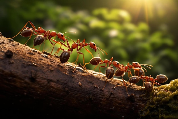 hormigas rojas en un tronco, el sol se está poniendo detrás de ellos.