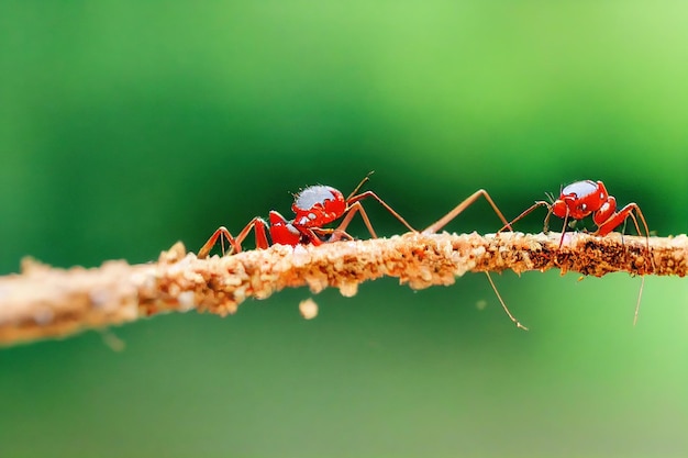 Hormigas transparentes rojas arrastrándose a lo largo de la rama sobre fondo verde